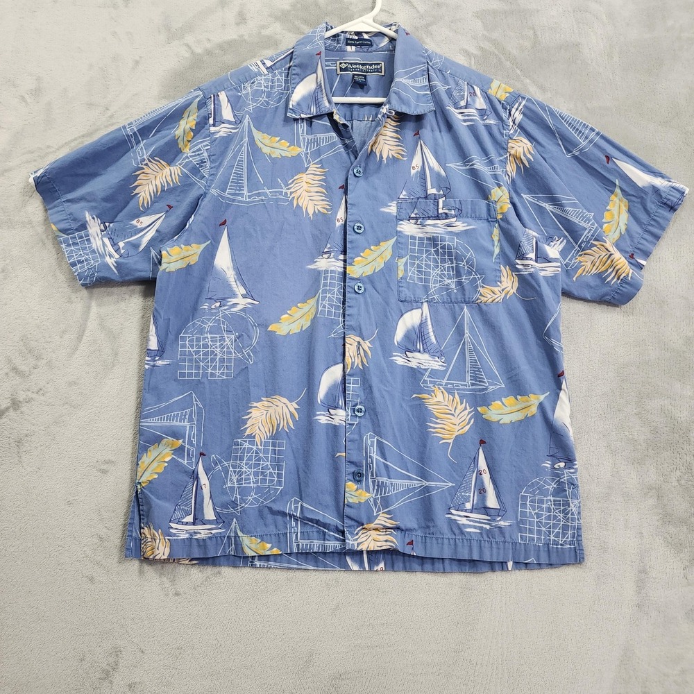 Weekender Shirt Mens M Blue Sailboat Nautical Print Button Front Short Sleeve